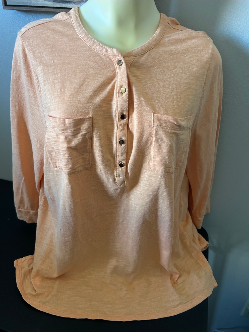Chico's Peach Button Henley with Double Chest Pockets